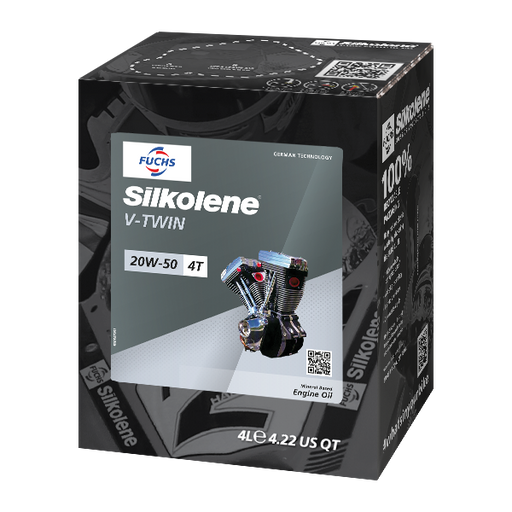 Silkolene V-TWIN 20W-50 Mineral V-Twin Motorcycle Oil, 4 Liter Lube Cube, angled view