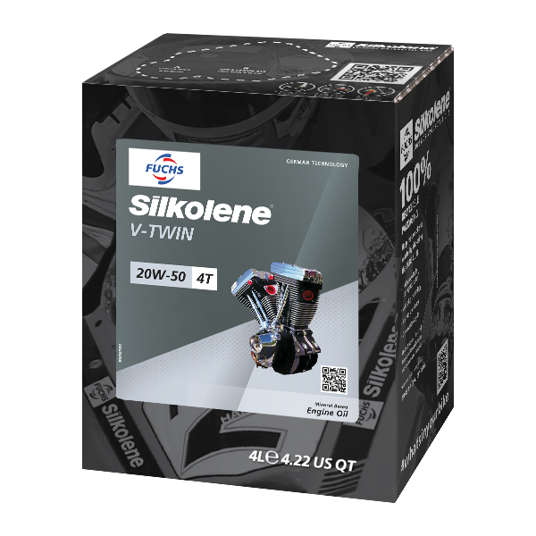 Silkolene V-TWIN 20W-50 Mineral V-Twin Motorcycle Oil, 4 Liter Lube Cube, angled view