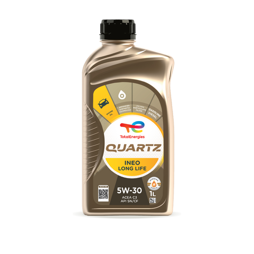 Current manufacturer artwork for TotalEnergies Quartz INEO Long Life 5W-30 showing 1-liter packaging; part 220058 is sold as 1 US quart