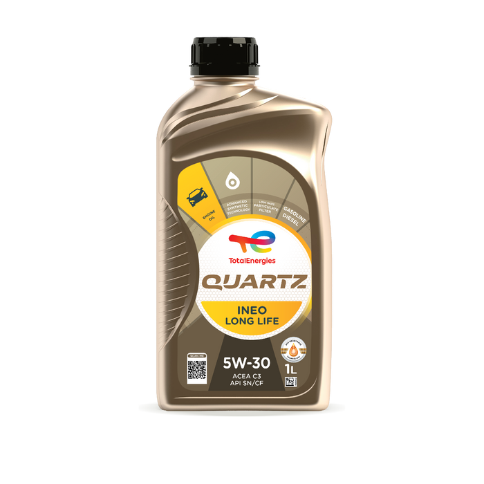 Current manufacturer artwork for TotalEnergies Quartz INEO Long Life 5W-30 showing 1-liter packaging; part 220058 is sold as 1 US quart
