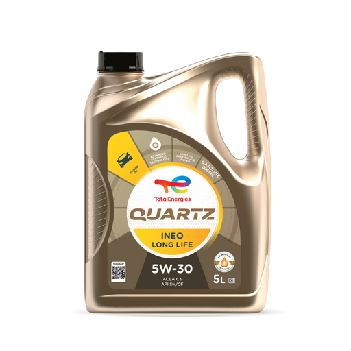 Current manufacturer artwork for TotalEnergies Quartz INEO Long Life 5W-30 showing 5-liter packaging; part 220059 is sold as 5 US quarts