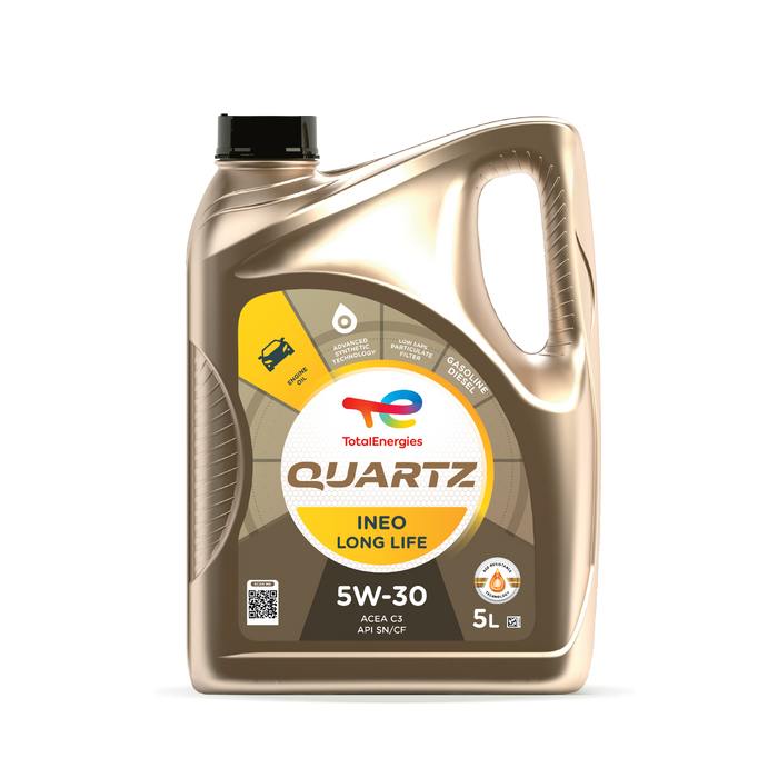 Current manufacturer artwork for TotalEnergies Quartz INEO Long Life 5W-30 showing 5-liter packaging; part 220059 is sold as 5 US quarts