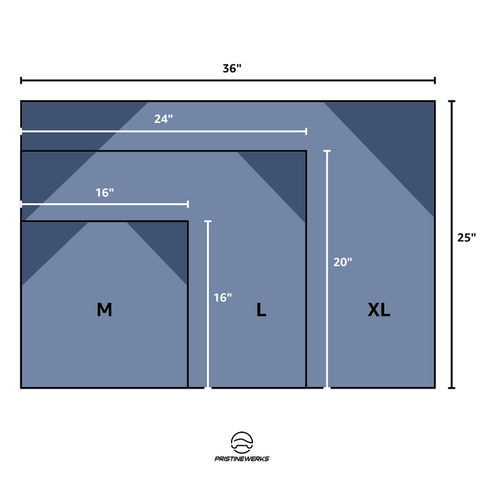 Size chart for blue rectangular items with dimensions labeled