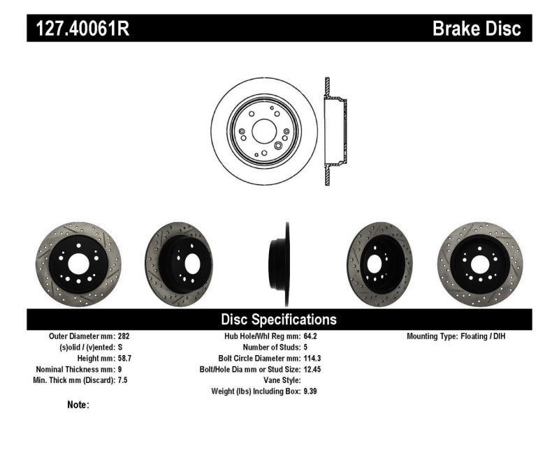 StopTech 04-08 Acura TL / 03-09 Honda Element Slotted & Drilled Right Rear Rotor